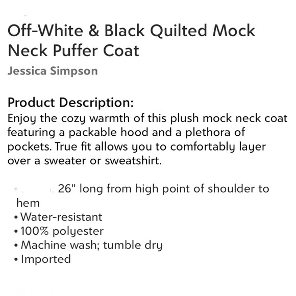 Jessica Simpson Off White & Black Quilted Mock Neck Puffer Coat Size Medium NEW - Picture 7 of 7